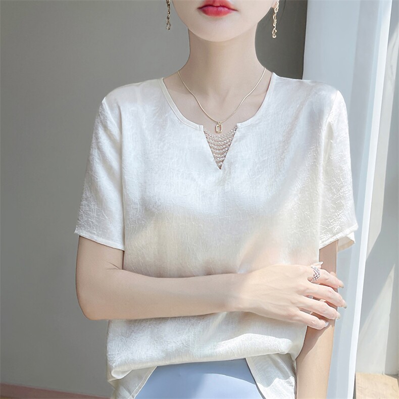 夏季新款缎面褶皱肌理圆领短袖女宽松百搭显瘦时尚休闲上衣,女装T恤,佳绒高端店