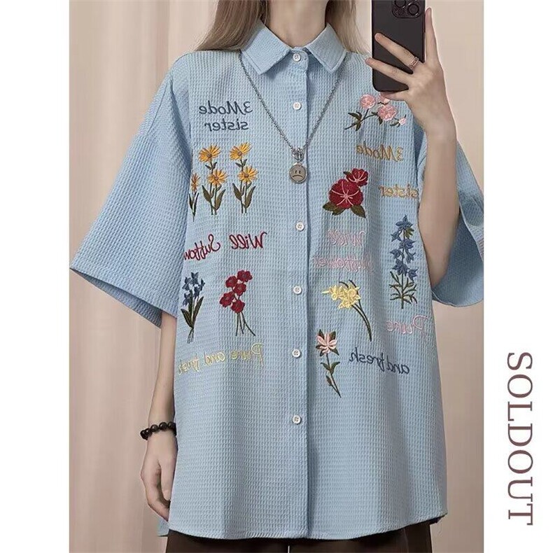 2025美式重磅彩色花卉刺绣短袖衬衫男女夏季街头痞帅宽松休闲衬衣,男装衬衫,星座506A