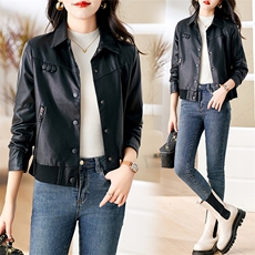 直筒型POLO领休闲短款3D皮夹克显瘦皮衣百搭通用春秋秋季大码，女装皮衣，缘衣格