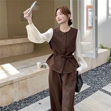 大方得体假两件上衣直筒裤套装女2025春秋新款轻熟收腰显瘦两件套，女装套装/套裙，2D145