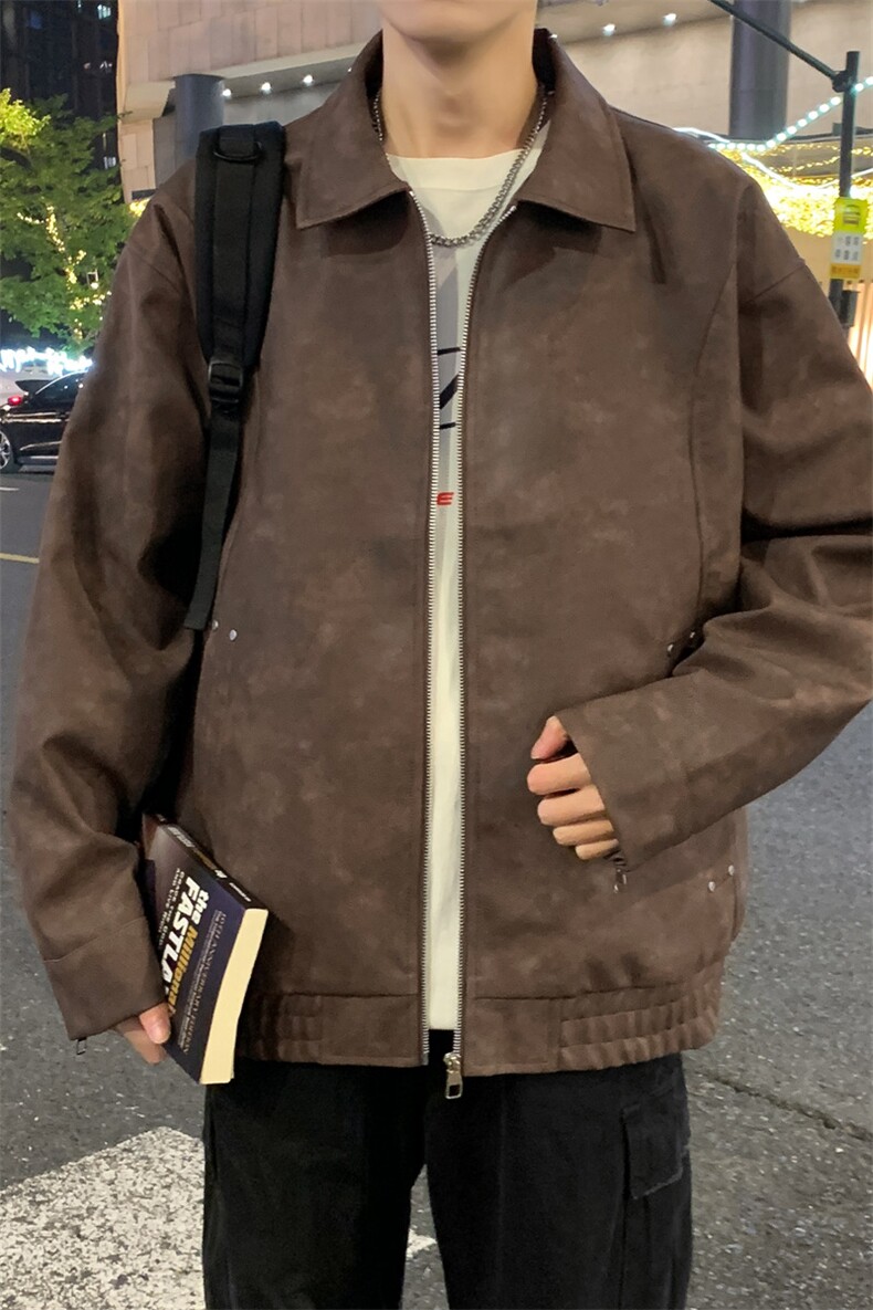 新款中性风户外夹克男翻领纯色上衣皮衣外套A157B-J2518-特P85,男装夹克,电商A157B