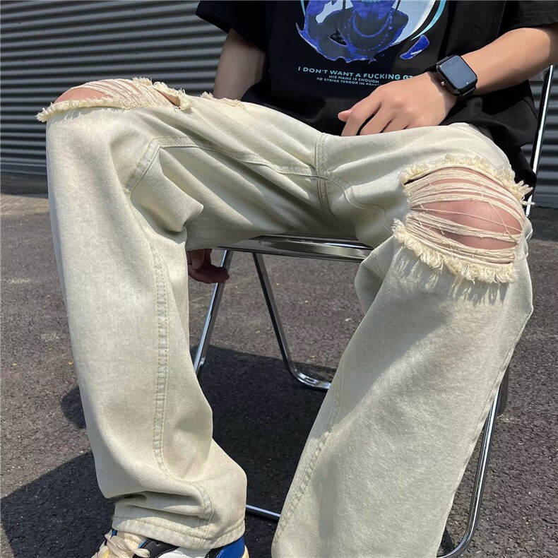 染黄泥色牛仔裤男韩版潮流破洞高街2023夏季新款ins长裤RK340-P39图片