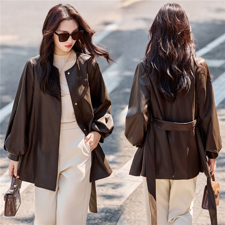 2026秋装新款灯笼袖水洗皮圆领长袖加棉短款皮衣，女装皮衣，天丝秀