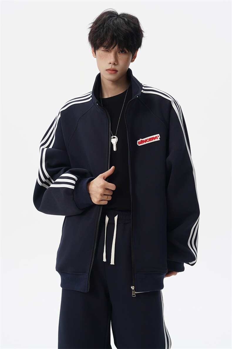 8XL-M条纹撞色开衫新年红卫衣运动套装潮牌运动服校园风TZ114P118,男装休闲套装,电商D206-1