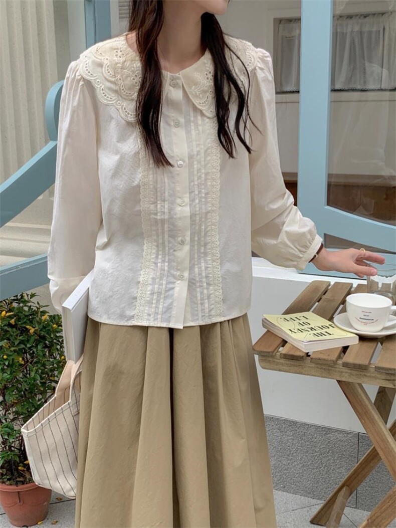 甜美双层花边娃娃领衬衫，女装衬衫，DAP