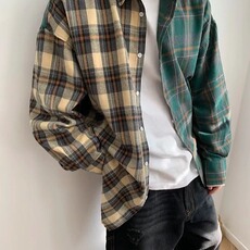 美式高街Vibe风复古百搭黄绿格子毛边不对称拼接衬衫男同款CA02，男装衬衫，星座1116A（原606A-3）