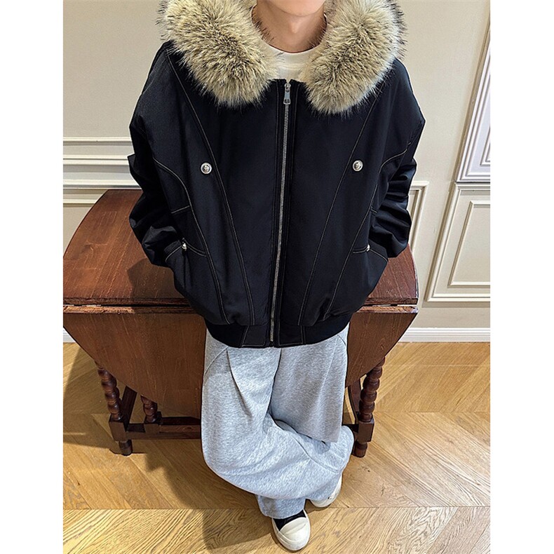 现货重磅boxy短款棉衣座山雕大毛毛领男女棉服水洗工装厚外套图片