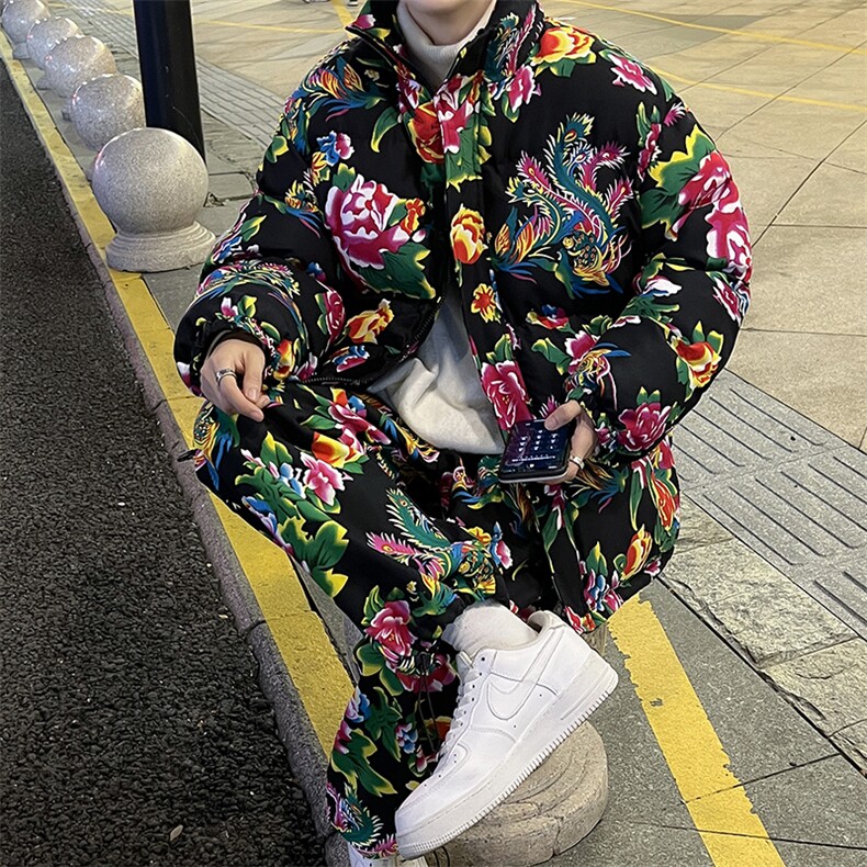 H203东北大花棉衣套装外套机车服团队男女棉袄加绒裤套装男女汉服图片