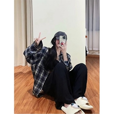 TC1002-P45复古长袖格子衬衫外套女季设计感小众宽松百搭翻领衬衣，男装衬衫，星座617A-2