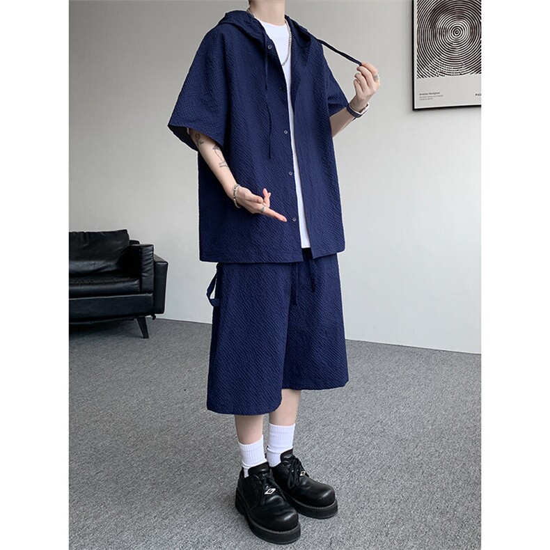 TZ793-特55控98新款速干肌理感连帽男短袖衬衫六分裤大码套装,男装T恤,电商A059