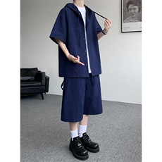 TZ793-特55控98新款速干肌理感连帽男短袖衬衫六分裤大码套装，男装T恤，电商A059