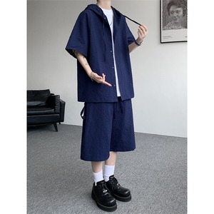 TZ793-特55  控98 新款速干肌理感连帽男短袖衬衫六分裤大码套装图片