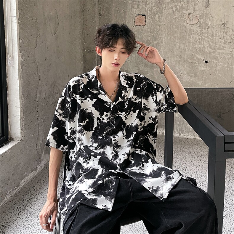 现货潮男短袖衬衫五分袖冰丝花衬衣A071-C100-P38,男装T恤,电商A071