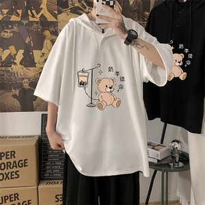LD54194-P45 连帽短袖t恤男大码胖子带帽五分袖中袖图片