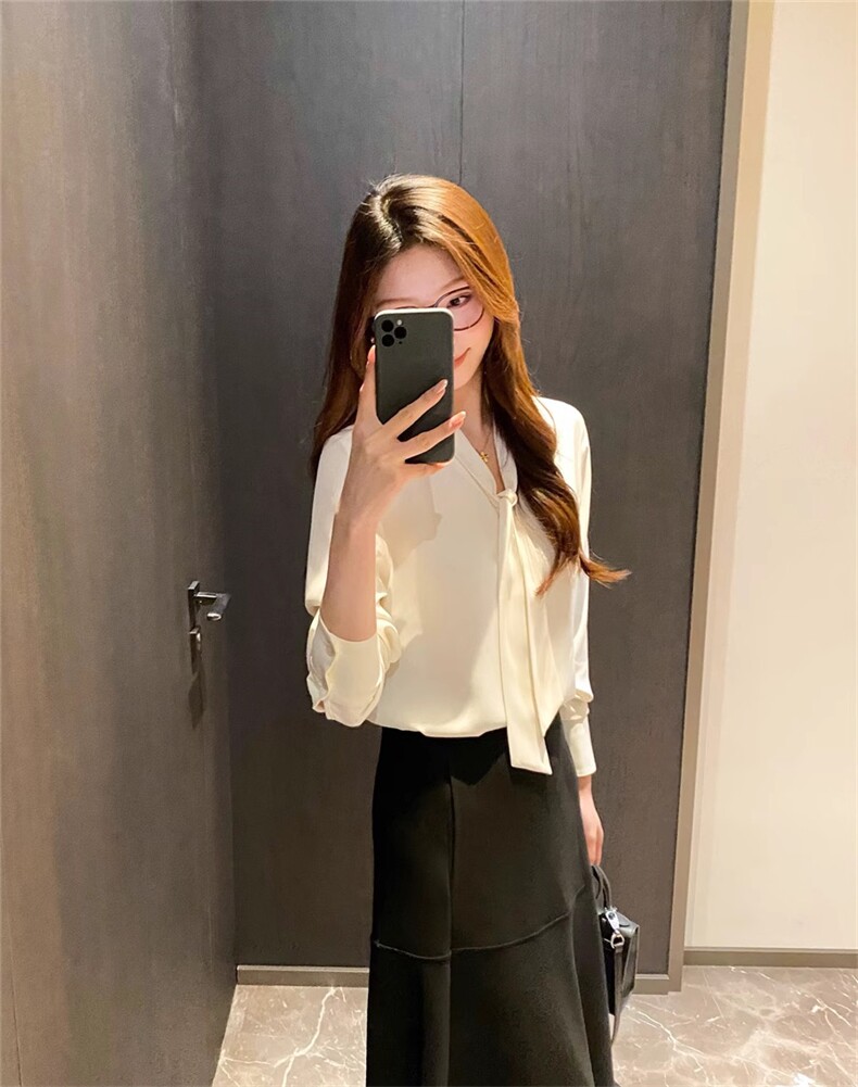 法式质感蝴蝶结飘带V领长袖设计感气质衬衫上衣,女装衬衫,湘姗