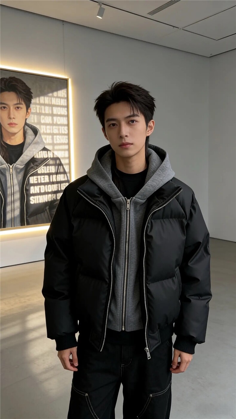 网图美式假两件pu皮短款棉服男款冬季加厚工装棉袄连帽外套特P85,男装皮衣,电商C306-1