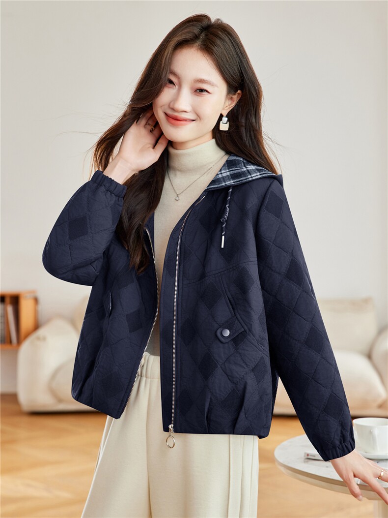 时尚菱格纹连帽夹棉外套女2026春新款宽松休闲短款,女装短外套,简韵佳