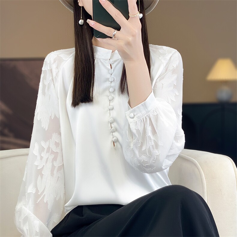 春季新款真丝衬衣女宽松百搭时尚打底衫气质内搭醋酸缎面上衣圆领,女装衬衫,佳绒高端店