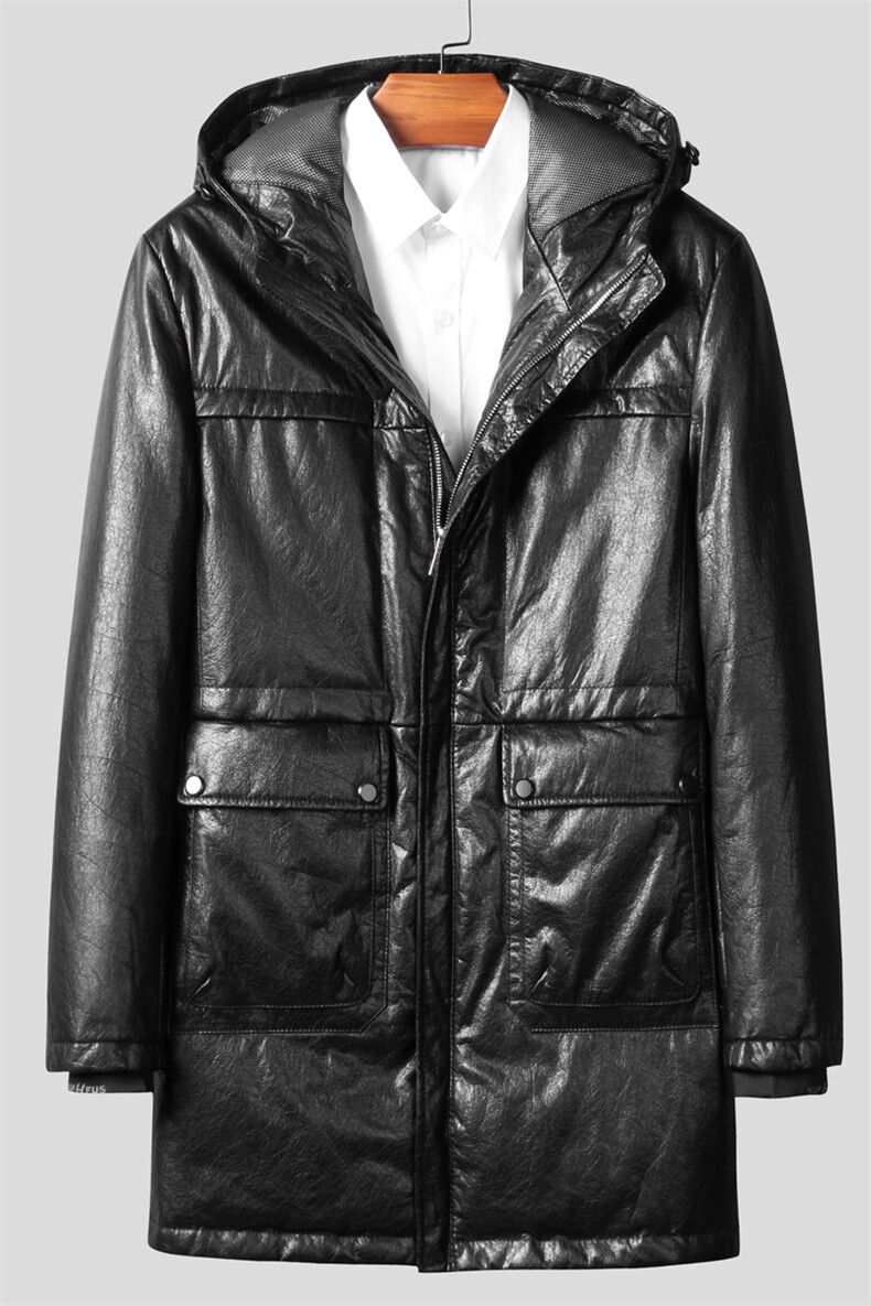 W21126海宁皮衣男头层牛皮白鸭绒羽绒服连帽皮风衣冬P800，男装皮衣，电商B360