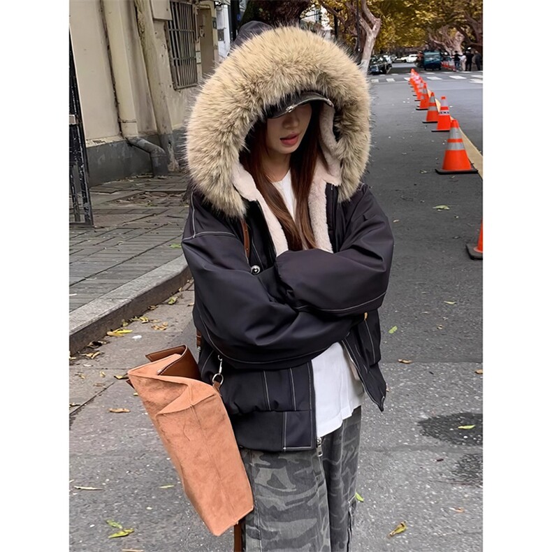 现货重磅boxy短款棉衣座山雕大毛毛领男女棉服水洗工装厚外套图片