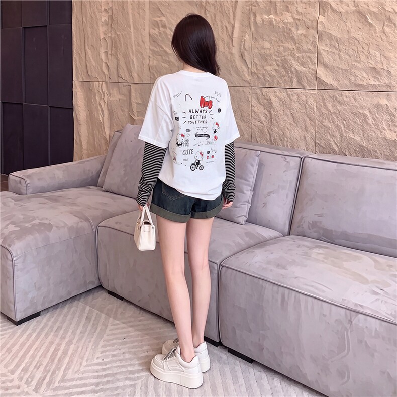 欧货俏皮减龄时尚套装夏季新款圆领卡通印花假两件上衣短裤两件套,女装套装/套裙,江南