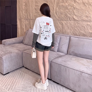 欧货俏皮减龄时尚套装夏季新款圆领卡通印花假两件上衣短裤两件套图片