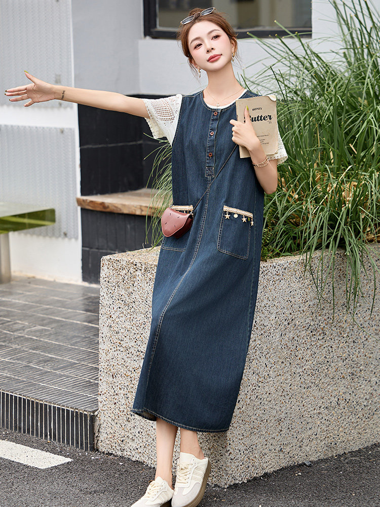 拉夏贝尔时尚休闲套装女2025年夏季新款镂空T恤牛仔连衣裙两件套,商品下架区,韩然一族