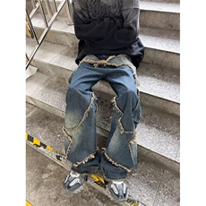 五角星设计牛仔裤男美式复古大口袋毛边做旧水洗高街工装阔腿长裤，男装牛仔裤，星座716-2