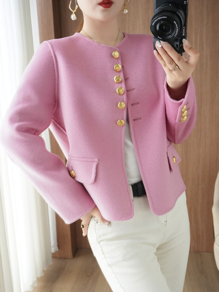 圆领短款外套单排扣长袖开衫,针织衫/毛衣,柔娇羊绒大衣