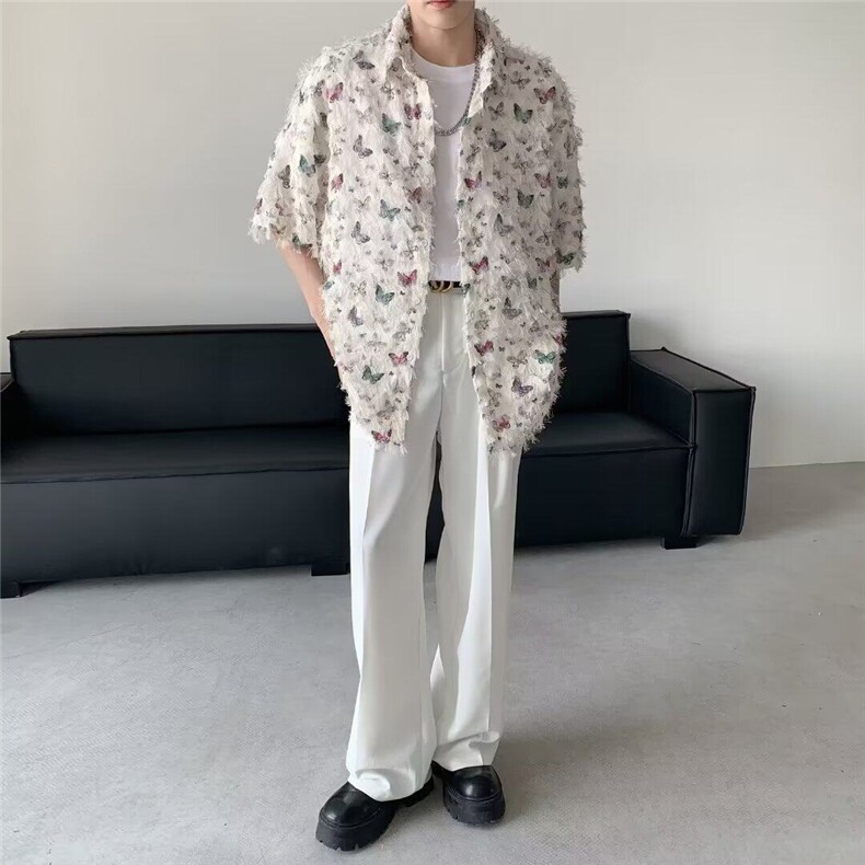 花蝴蝶冰丝短袖衬衫男款夏季2026新款流苏设计感潮流情侣上衣外套,男装衬衫,星座410-7