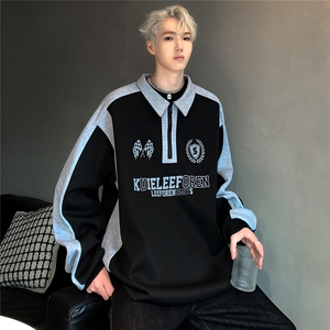 撞色拼接半拉链卫衣男秋季美式翻领polo衫情侣外套W83-P58图片