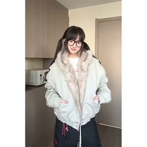 现货高品质美式高街冬季重磅硬挺短款座山雕毛领棉衣男女加厚外套图片