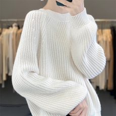 秋冬新款衫女圆领加厚宽松毛衣纯色百搭针织羊毛打底衫，女装针织衫/毛衣，雪真羊绒