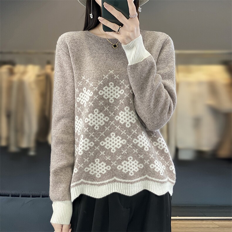 套头圆领长袖2024年秋季时尚羊毛针织衫,女装羊毛衫,羊秋羊绒