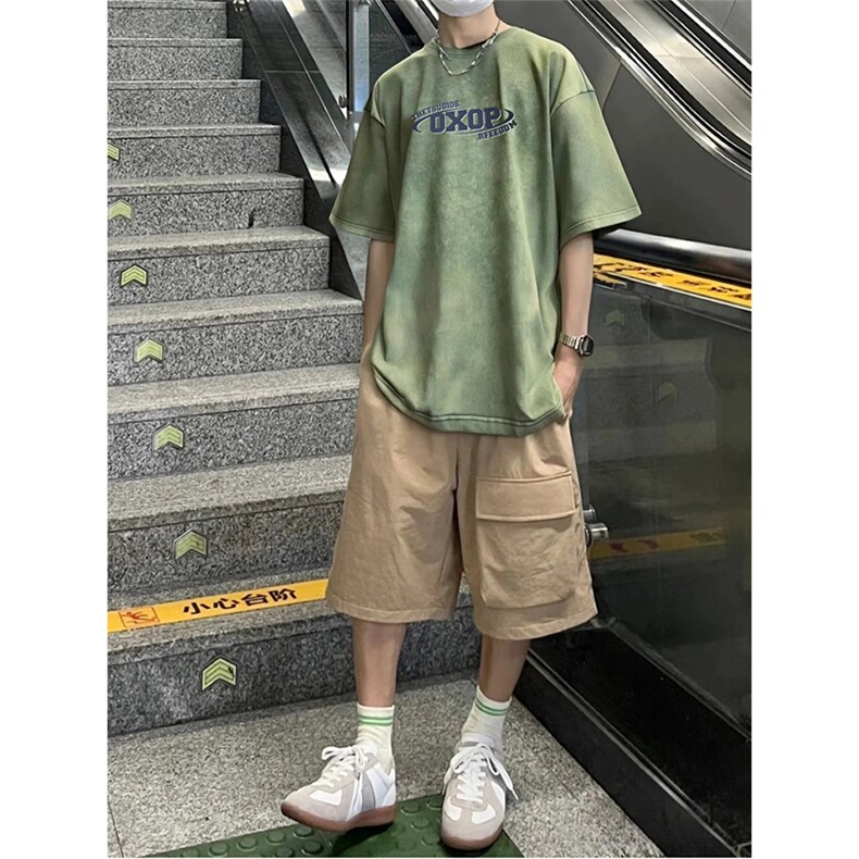 抖音得物供货240克重磅现货宽松美式纯棉水洗做旧印花T恤ATSX01,男装T恤,电商A443