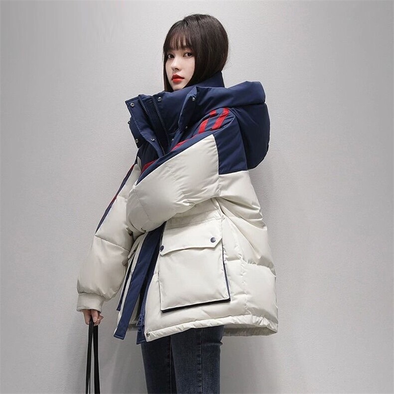 羽绒棉服女2024年冬季新款短款撞色条纹连帽时尚百搭保暖外,女装棉衣/棉服,星座1511