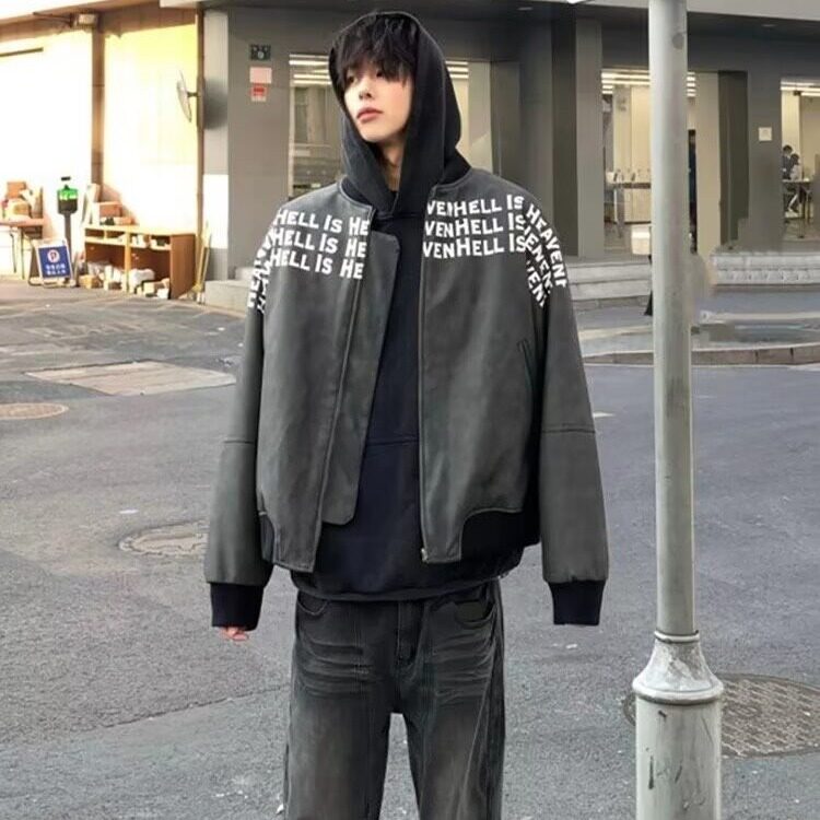 网络图现货美式复古痞帅渐变PU皮双层夹克棒球服外套J964-P80,男装夹克,星座715-7