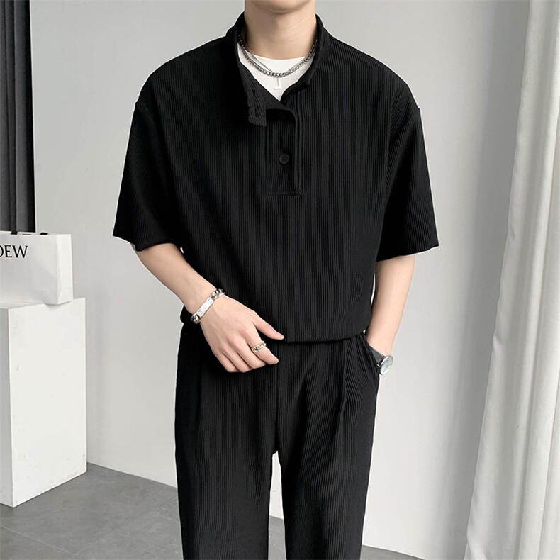 夏轻熟风立领Polo衫套装宽松垂感褶皱时尚套装TZ25/P100控149,男装Polo衫,电商A243