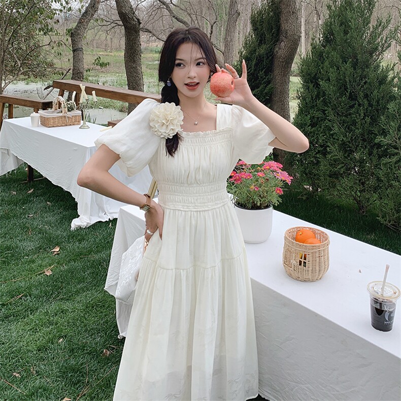 夏季新款法式甜美收腰显瘦连衣裙仙女气质白色长裙,女装连衣裙,帛锦泉