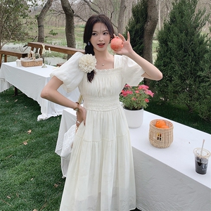 夏季新款法式甜美收腰显瘦连衣裙仙女气质白色长裙图片