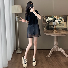 设计感小众时尚气质套装女夏新款圆领网纱拼接上衣牛仔短裤两件套，女装套装/套裙，江南