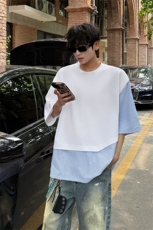 夏季原创不对称设计拼接条纹剪裁潮牌时尚简约短袖T恤短袖P38，男装T恤，电商B319