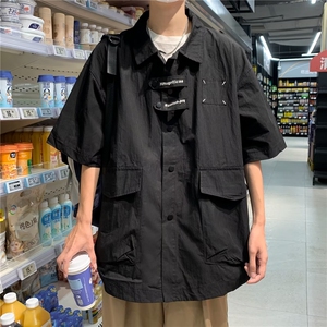 夏装新款潮牌短袖衬衫男女美式日系宽松半袖工装衬衣W22311-p45图片