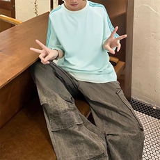 抖音得物品质二开240克宽松纯棉美式潮牌印花三条杠中性风短袖T恤，男装T恤，电商A486