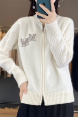拉链开衫女圆领扭花镶钻棒球服针织外套宽松羊绒衫外搭，女装羊毛衫，暖烁羊绒