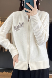 拉链开衫女圆领扭花镶钻棒球服针织外套宽松羊绒衫外搭图片