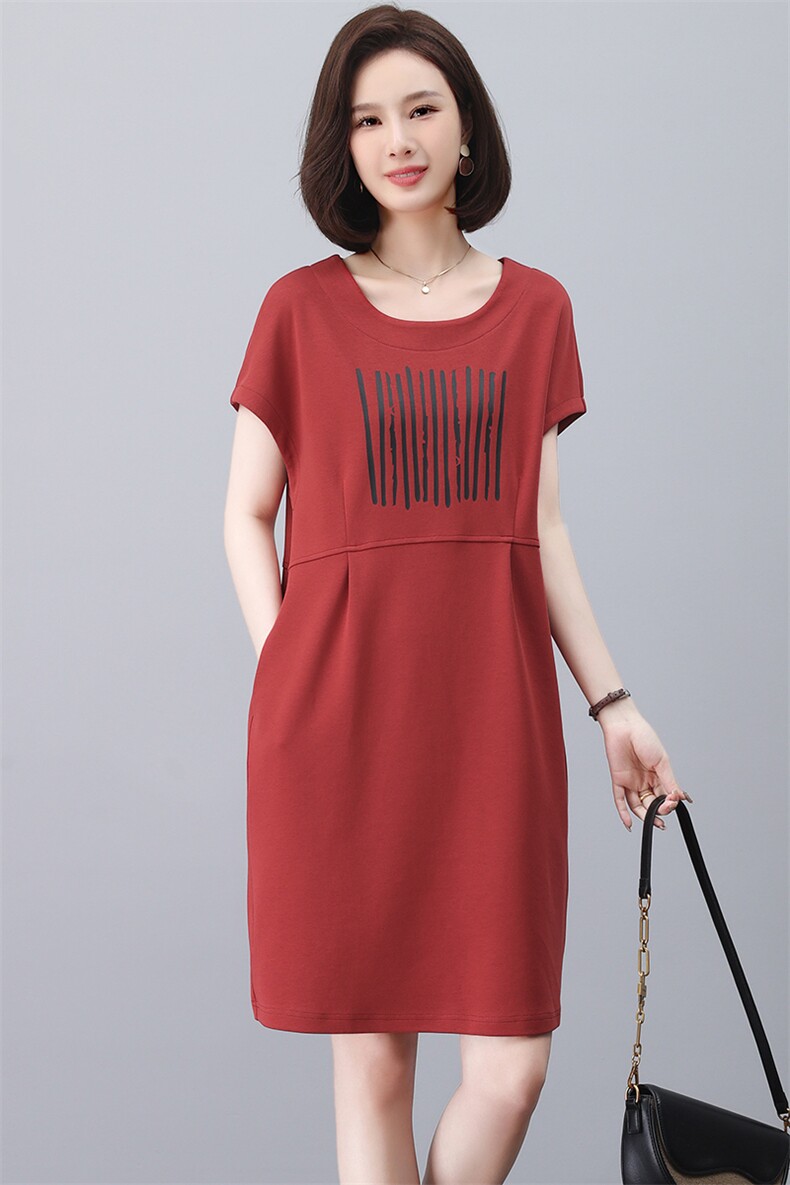 夏装短袖休闲宽松连衣裙女2023新款时尚妈妈装显瘦遮肚长款T恤裙,女装连衣裙,忆绮罗