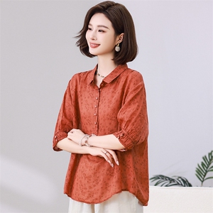 碎花苎麻上衣女2025夏装新款时尚中年妈妈洋气减龄亚麻图片