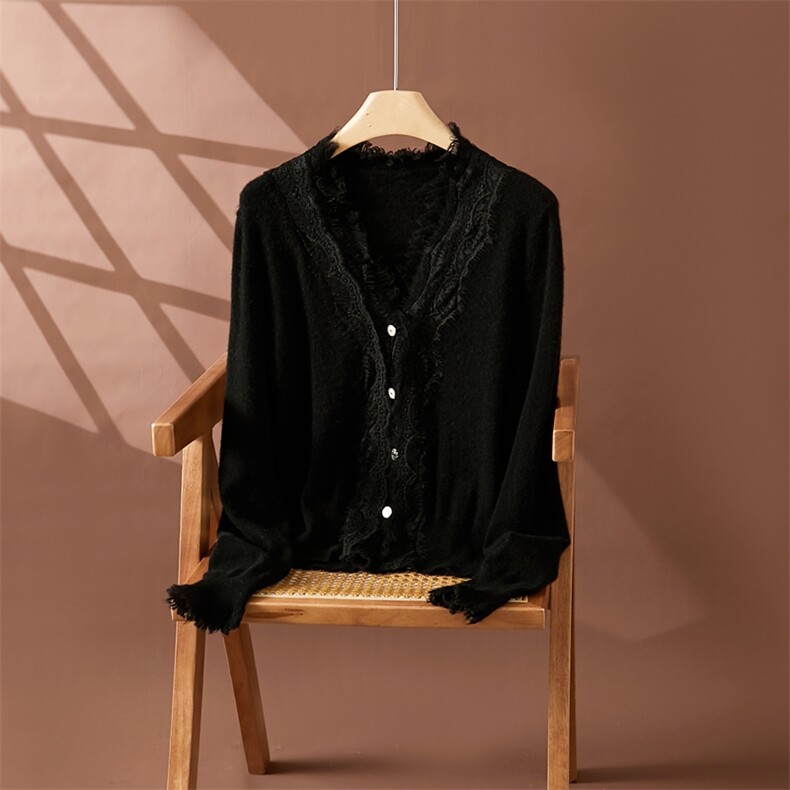 优雅气质~系扣蕾丝山羊绒开衫女纯色毛衣外套2025秋冬V领保暖羊毛，女装羊绒衫，朵沐纯羊绒