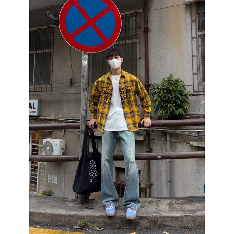 【有货】格子长袖衬衫男女同款字母设计感防晒外套K376CC-特P46,男装防晒衣,星座1007（原301D）